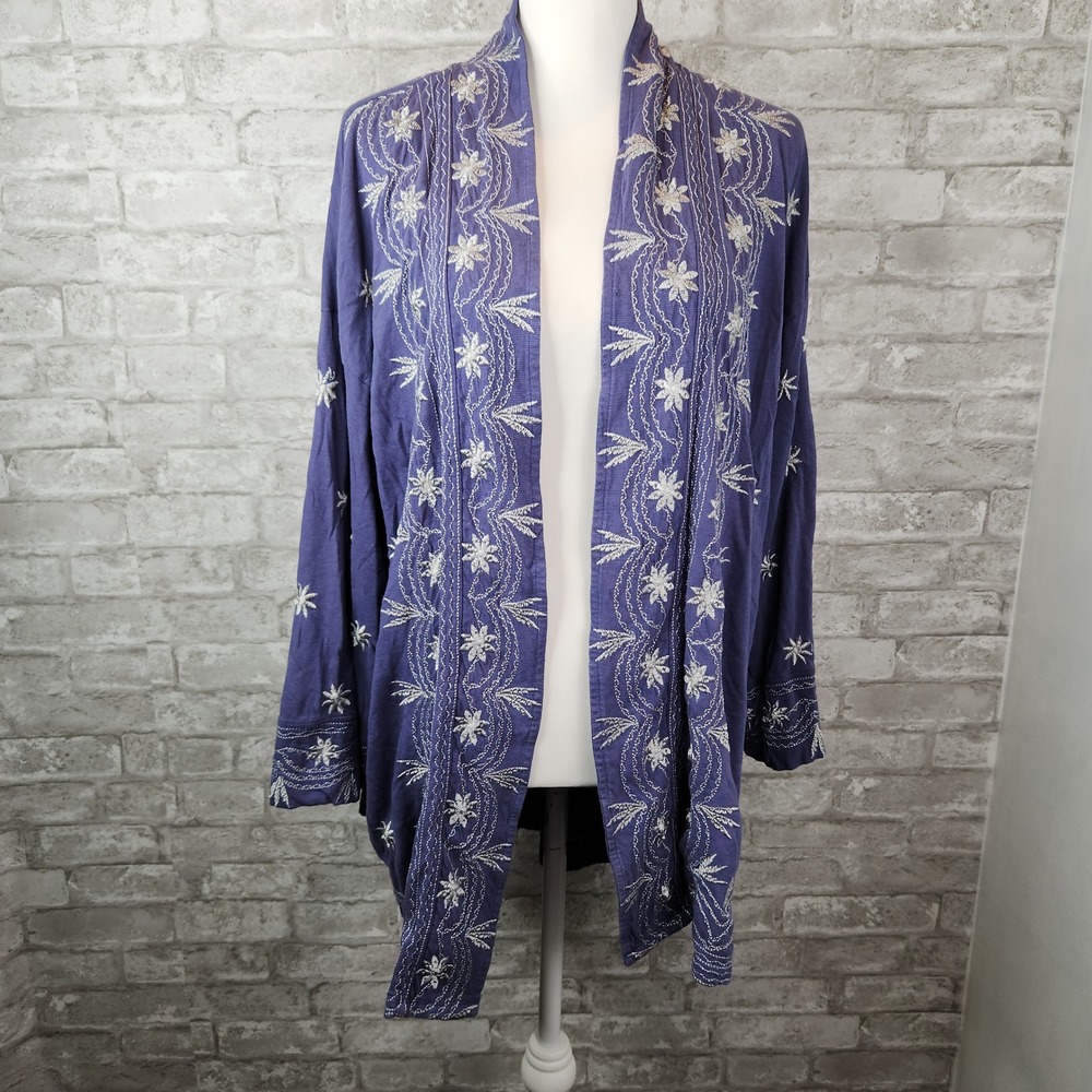 Soft Surroundings Tunic Cardigan Purple Silver Embroidered Boho S/M